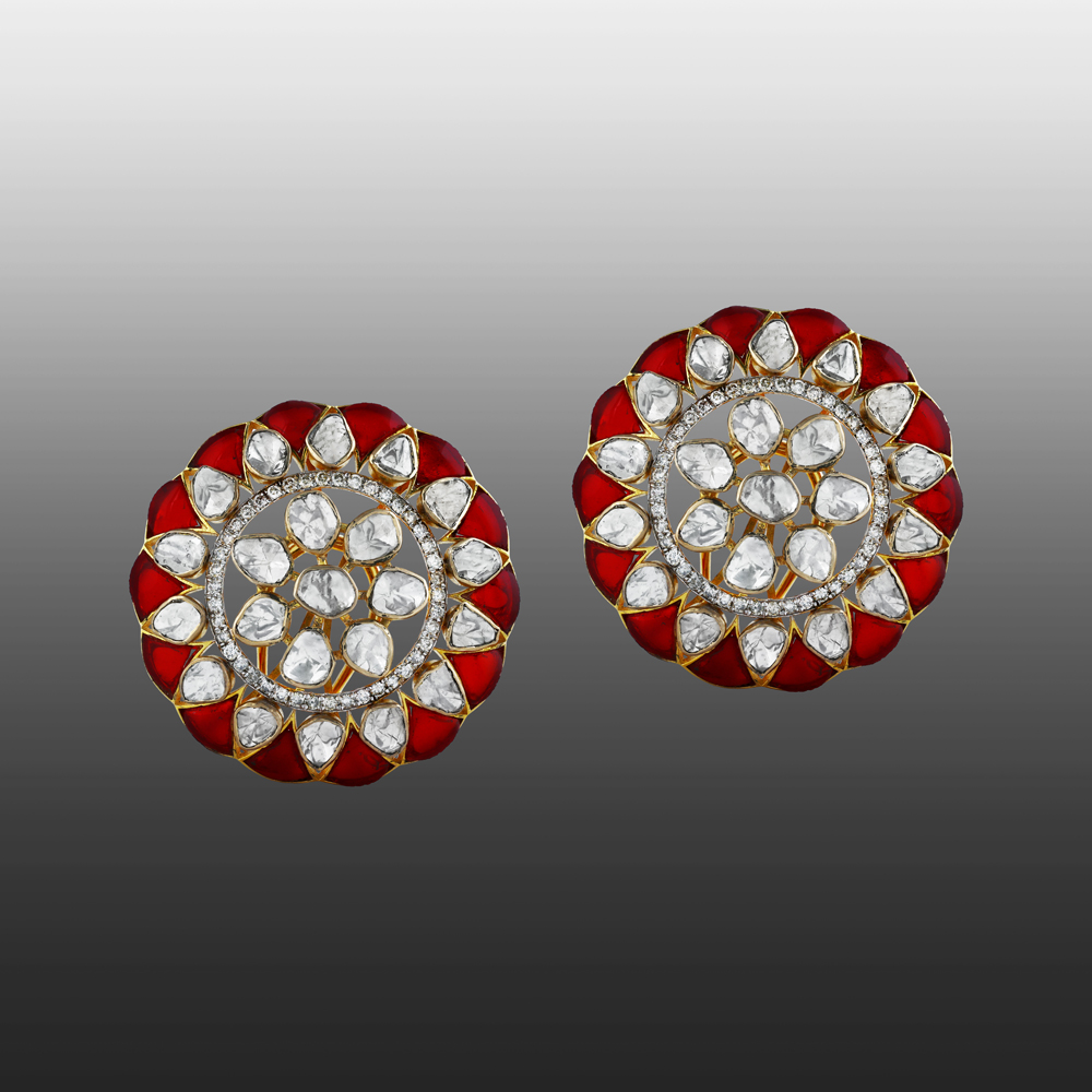 Round Polki Earrings with Red Talaf and Diamonds